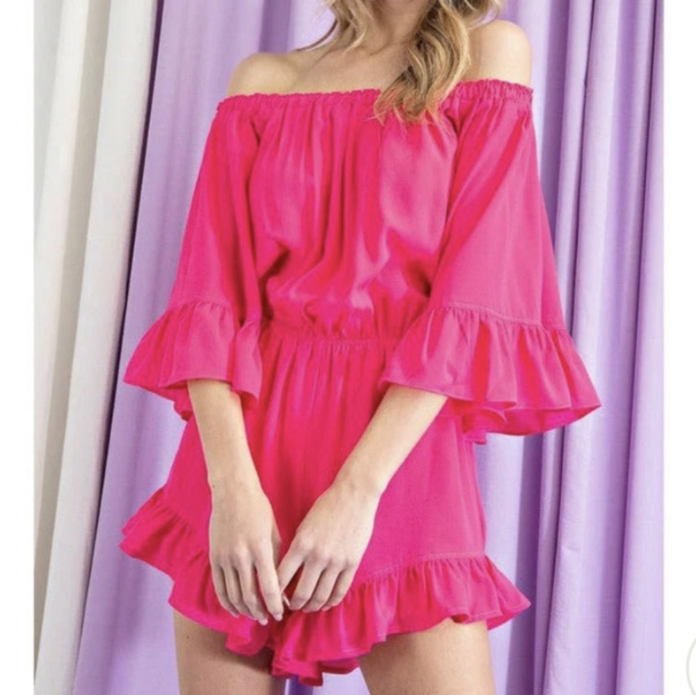 eesome Hot Pink Off-Shoulder Ruffle Romper